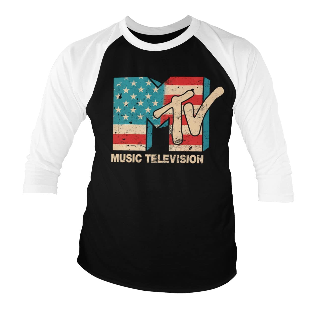 MTV Officially Licensed Distressed USA-Flag Baseball 3/4 Sleeve T-Shirt (White-Black), L