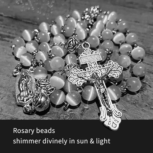 rosary beads catholic for women and men, 8mm White Cat's Eye rosary beads with Ornate Silver Crucifix and Virgin Mary Medal3