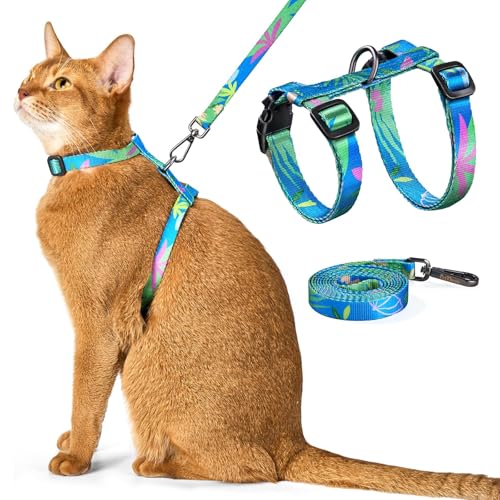 Escape Proof Cat Harness and Leash Set Adjustable Comfortable Lightweight Soft Safe Walking Travel Kitten Harness for Small Medium Large Cats Easy to Use (Hawaii Green)