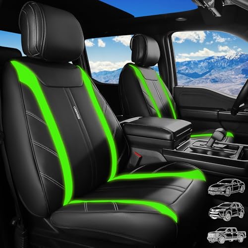 Image of CAR PASS Luxury Faux Leather Seat Covers Full Set, Breathable Sporty Premium Leather Auto Seat Covers Waterproof Anti Slip Universal Fit for 95% Trucks SUV Sedans Van, Black and Fluorescent Green