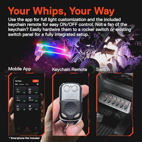 Image of True MODS 2pc 6ft Spiral RGB LED Whip Light for UTV ATV [Bluetooth App] Off Road Waterproof LED Lighted Whip CB Antenna Pole Stick for RZR Can-Am Polaris SxS 4x4 Quad Dune Buggy 4 Wheeler Accessories