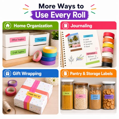 Image of Colored Masking Tape 1 Inch, 12 Rolls, 12 Colors, 264 Total Yards