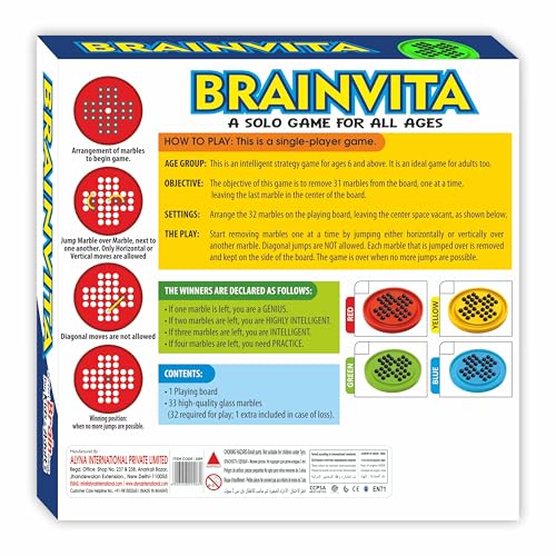 Image of Ankit Toys & Games Brainvita Solitaire Marble Peg Puzzle Board Game for Kids Adults Age 6+ Classic Brain Teaser Strategy Game with Glass Marbles Educational Travel Friendly Toy (Green)