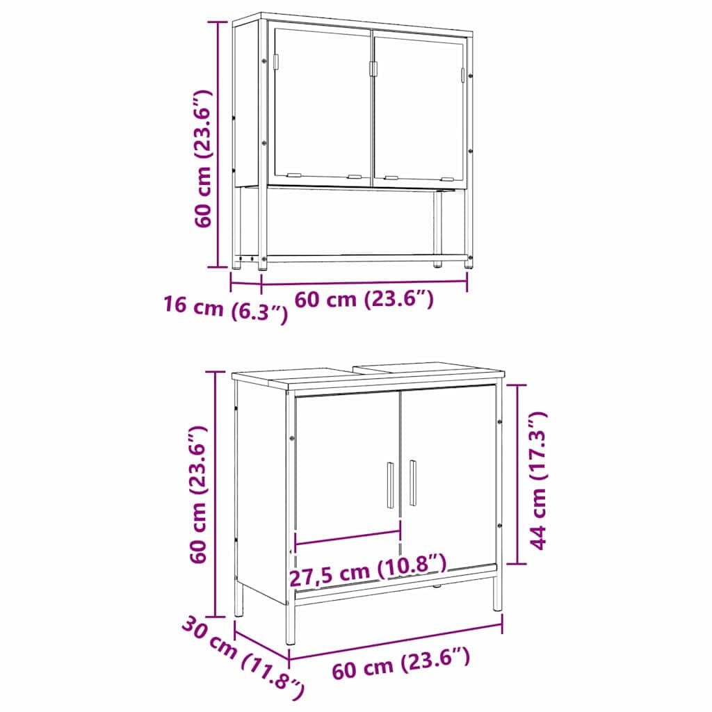 Zestaw mebli łazienkowych, brązowy, materiał drewnopochodny z szafką pod umywalkę i szafką z lustrem, 60 x 30 x 60 cm, nie zajmuje dużo miejsca, wiszące, z miejscem do przechowywania, regał i