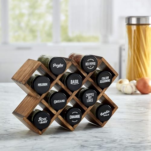 Image of Kamenstein 10 Jar Criss-Cross 2-in-1 Spice Organizer for Countertop or Wall with Spices Included, FREE Spice Refills for 5 Years, Gray Wash Bamboo with Black Caps