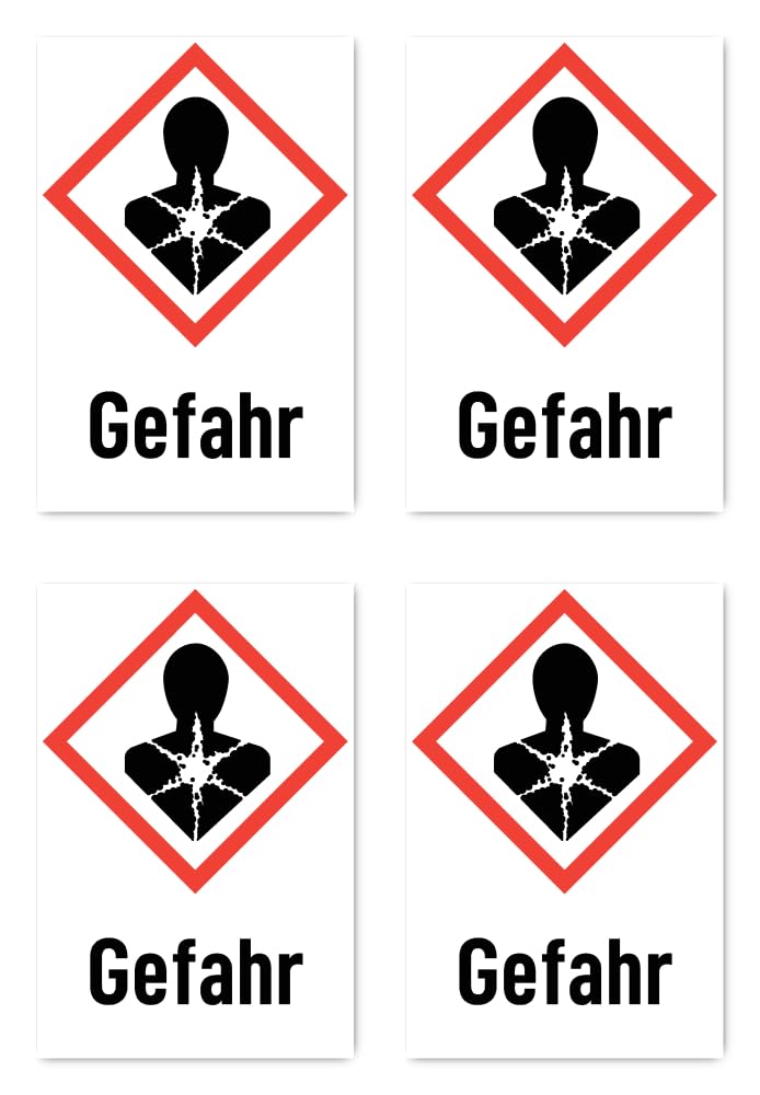 Pegatinas: 150 x 100 mm, 4 unidades – Señal de peligro – símbolo de peligro con texto (en alemán) (rojo/blanco) – vertical – GHS08 – pictograma de peligro UN/GHS
