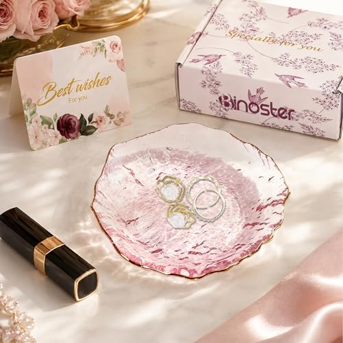 Image of Gifts For Women Pink Jewelry Tray Glass Ring Holder Dish Key Bowl Trinket Dish Bathroom Vanity Organizer Aesthetic Bridesmaid Bride Wedding Engagement Retirement Teacher Gifts For Women Her Coworkers