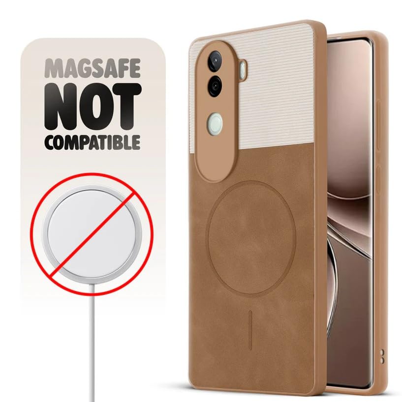 Image of Bintage CASE Mac Safe Design Hard Light Weight Back Case | Soft Border Camera Protect | Dual PU Leather Finish Back Cover Compatible for iQOO Z9s 5G - White & Brown