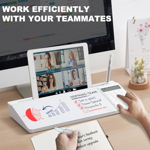 Image of Small Glass Desktop Whiteboard Dry-Erase-Board - Computer Keyboard Stand with Calculator White Board Surface Pad with Drawer, Desk Organizers with Accessories for Office, Home, School Supplies - White