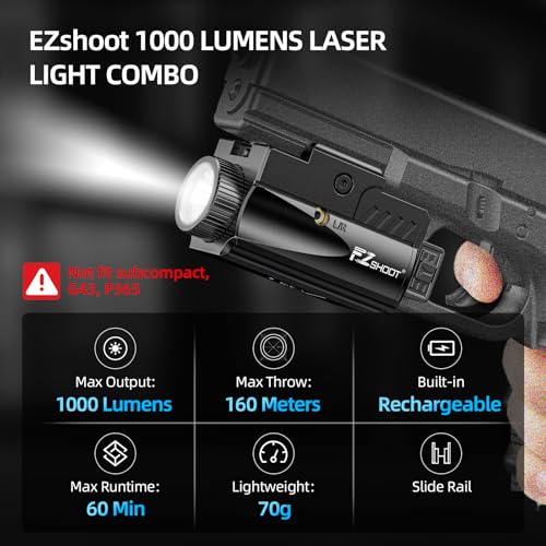 EZshoot 1000 Lumens Pistol Light Laser Combo, Rechargeable Gun Light with Green Laser Beam, Pistol Flashlight with Slid Rail Compatible with Glock and Picatinny Rail, Handgun Lights for Home Defense