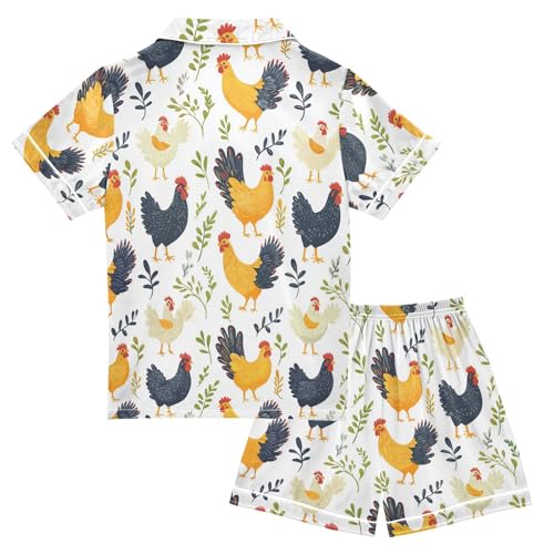 Satin Pajama Sets Short Sleeve Chicken Pattern with Plants Button Down Silky Nightwear 2 Piece PJS 5-14Y2