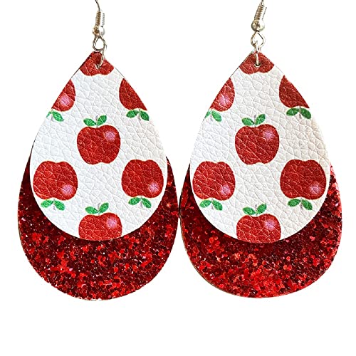 Funny Leather Layered Teacher Drop Dangle Earrings Apple Pencil Glitter Teardrop Class Subject Learning for Women Lightweight Teacher Appreciation Graduation Jewelry