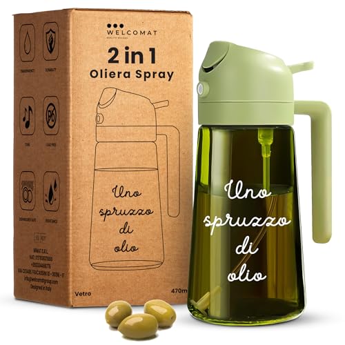 WELCOMAT Oliera Spray - 470 ml - Spruzzino Olio Per Friggitrice ad Aria, 2 in 1, Spray Nebulizzatore, Spruzzatore, Dosatore, Accessori Cucina, in Vetro, per Insalata, Bbq