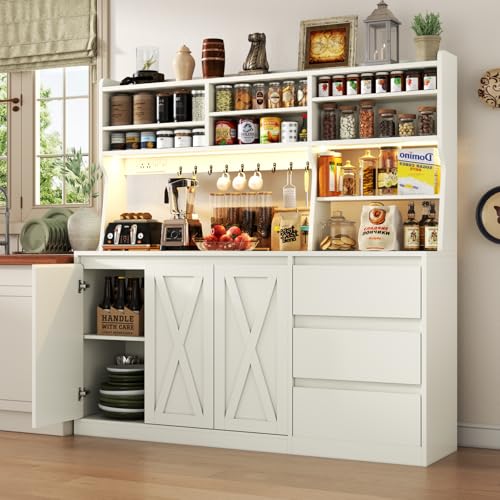 Gyfimoie Farmhouse Kitchen Pantry Cabinet with Power Outlet & LED Light, Large Coffee Bar Cupboard with Microwave Stand, 3 Doors & 3 Drawers, 7 Cup Holders & 8 Open Cubbies, Adjusted Shelves (White)