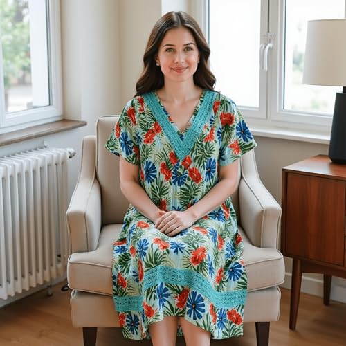 Women's Short Sleeve Light Blue Gauze Lounger House Dress - Crochet V Neck and Pockets3