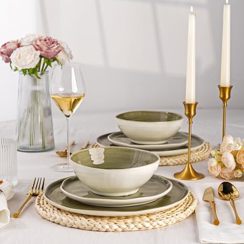 Image of Leratio Ceramic Dinnerware Sets for 4,Porcelain Plates and Bowls Sets with Wavy Edge,Microwave & Dishwasher & Oven Safe,Light Weight & Scratch Resistant Dishes Sets-Service for 4 (12pcs)