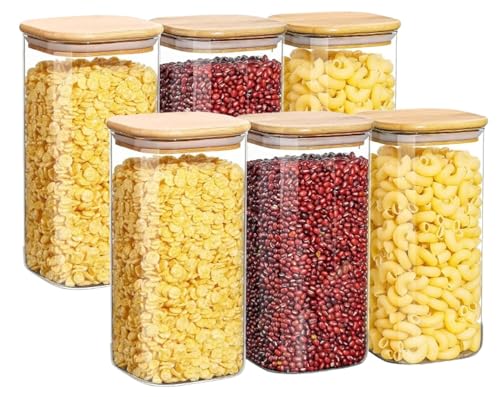 Image of Glass Food Storage Jars With Bamboo Lids 1500Ml,Wide Mouth Lid Jar For Home Kitchen,Flour,Sugar,Coffee,Pasta,Oats,Grains,Cookies,Snacks set of 6(6, SQUARE BAMBOO LID GLASS JAR 1500 ml -)