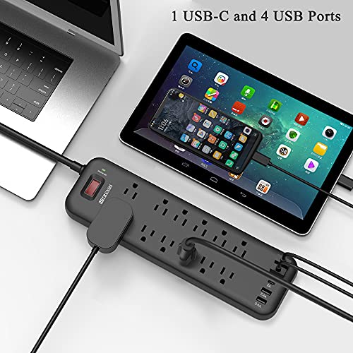 Power Strip Surge Protector With 12 Outlets & 4 Usb Ports & 1 Usb-C Port (5V/3A), 2360 Joules, Angled Flat Plug, Spaced Outlets & Etl Listed Power Outlet For Home Office - Black #TOP1