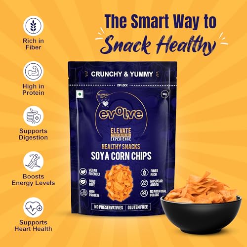 Image of Evolve Soya Corn Chips Healthy Snacks for Kids, Adults | High Protein, Vacuum Cooked, No Artificial Flavors or Colors | Ready to Eat - 50g
