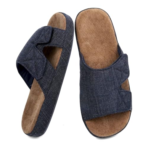 Image of Adjustable House Slippers for Men with Arch Support Rubber Sole | Thick Memory Foam Insole Indoor Outdoor Slides Breathable Fabric Material
