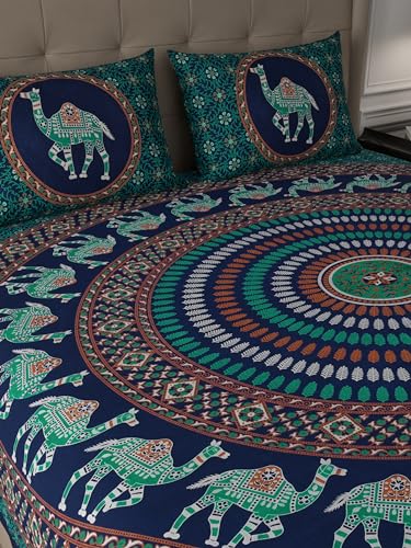 Image of JaipurFabric Cotton 180 TC Sanganeri Print Double Bedsheet with 2 Pillow Covers (90 inch X 108 inch), Green