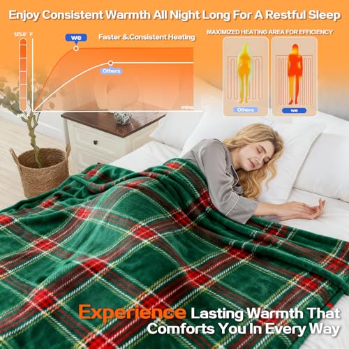 Image of Electric Blanket Heated Twin, Soft Flannel 62 inchx84 inch Plaid Heating Blanket with 8 Hours Auto Off 10 Fast Heating Levels Machine Washable Sherpa Heated Blanket with Overheating Protection