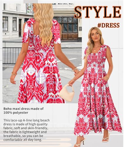 Image of CURBODO Women's Summer Maxi Dress Boho Spaghetti Straps Casual Long A-line Smocked Beach Dress Flowy Sun Dresses with Pockets
