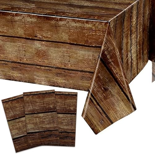 AULEGE 3PCS Brown Wood Grain Tablecloths Rustic Plastic Rectangle Table Covers 54 x 108 Inches Disposable Farmhouse Tablecloth Decorations for Western Cowboy Barn Birthday Wedding Baby Shower