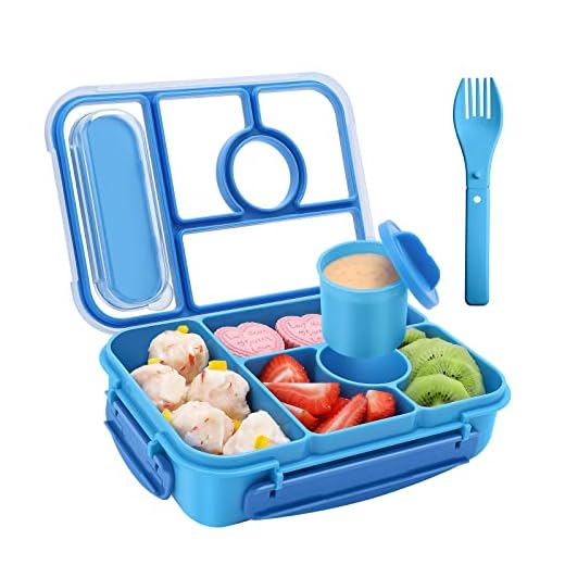Amathley Bento Box Adult Lunch Box Kids,Lunch Containers for Adults/Kids/Toddler,5 Compartments Bento Lunch Box with Sauce Vontainers,Microwave & Dishwasher & Freezer Safe,BPA-Free(Blue)