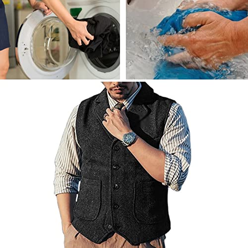 Male Lapel Tweed Suit Waistcoat, Vintage Men's Herringbone Suit Vest Tank Top with 3 Pockets for Jacket Tuxedo (Color : Black, Size : Medium)3