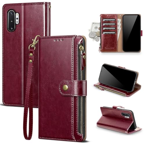 Scutumate Compatible with Samsung Galaxy Note 10+ Plus Wallet Case with Card Holder RFID Blocking Zipper PU Leather Phone Case Flip Protective Cover Wrist Strap Credit Card Slots Men Women,Wine Red