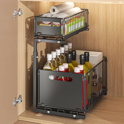 LANTUS Rangements sous Evier 2 Niveaux Organisateur Coulissant,Paniers Coulissants, Empilable,Étagères pour Placard Meuble Cuisine Salle Bain,26,5 x 38 x...