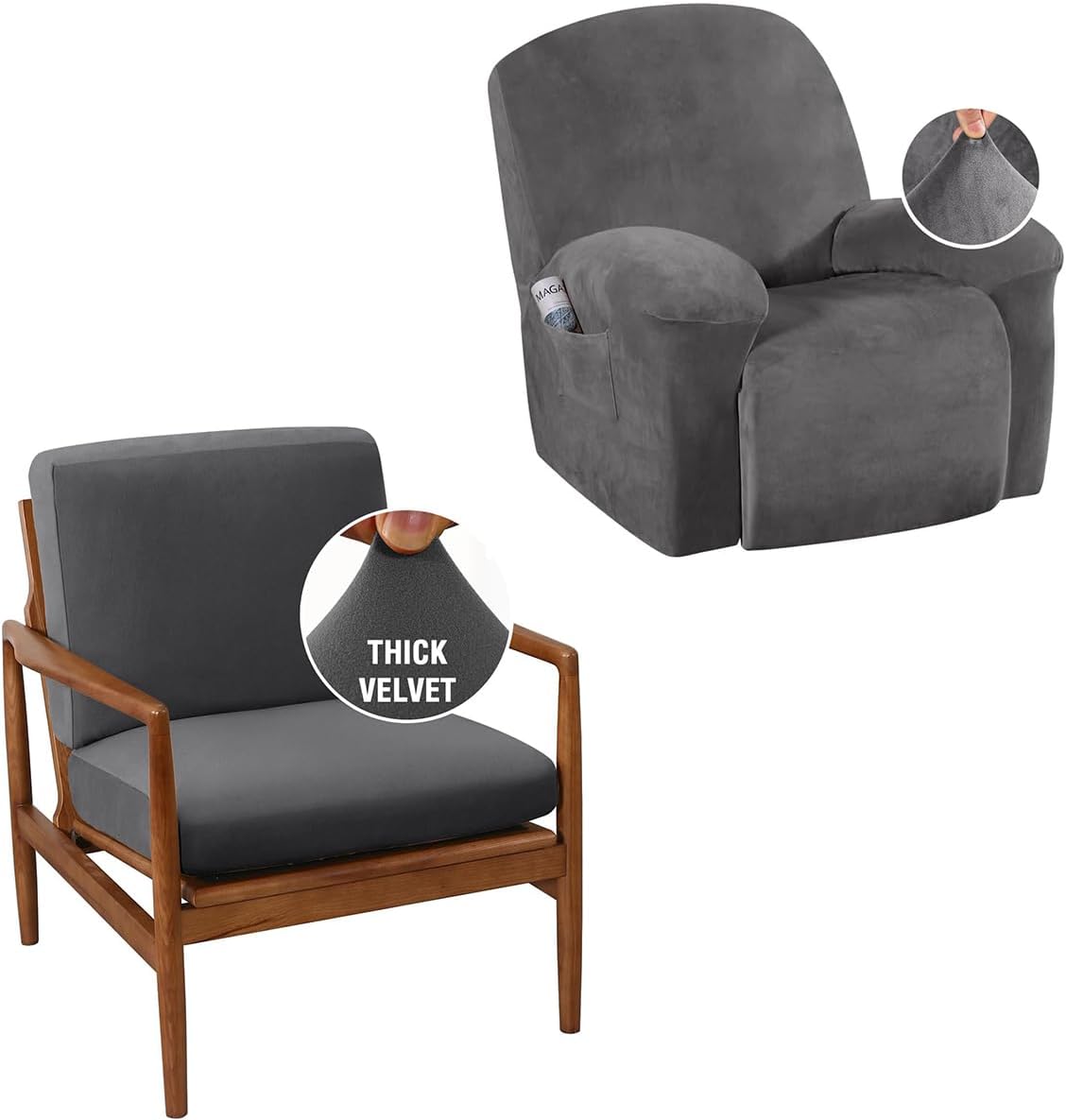 H.VERSAILTEX Velvet Plush Recliner Chair Covers 1-Piece Bundle Stretch Accent Chair Cover 2 Piece Couch Cushion Covers, Grey
