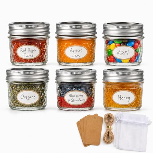 Peokuaey 4 oz Glass Jars with Lids 6 Pack Small Mason Jars with Gift Bags & Tags Rustproof Airtight Mini Glass Jars Straight Sided Jelly Jars for Baby Food Spice Jam Candle Making & Favors