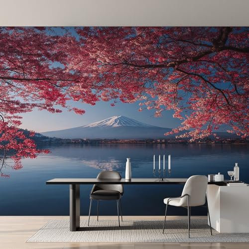 Genérico Papel Pintado Flores de Cerezo, Papel Pintado pared Dormitorio Montaña Fuji Japonesa, Decoracion pared Salon, Fotomurales Tejido no Tejido, 300 x 210 cm K-MZ&1