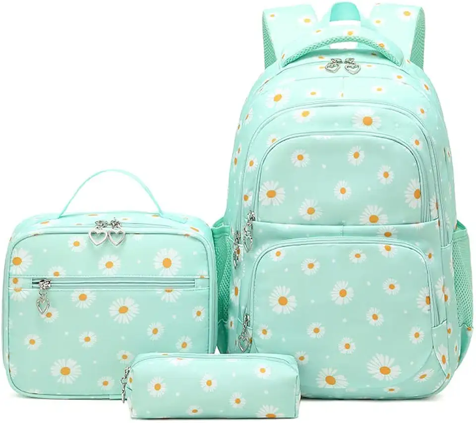 Conjunto de Mochila Escolar Feminina com Estampa de Margarida - 3 Peças com Bolsa de Almoço e Estojo de Lápis