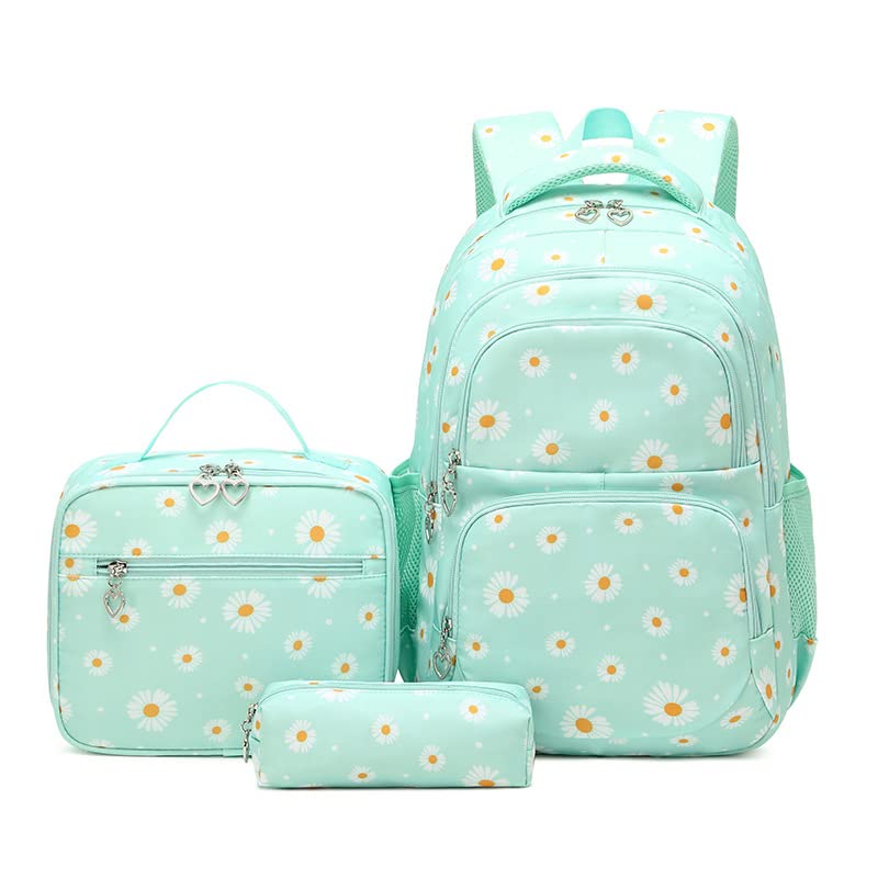 Conjunto de Mochila Escolar Feminina com Estampa de Margarida - 3 Peças com Bolsa de Almoço e Estojo de Lápis (Verde)