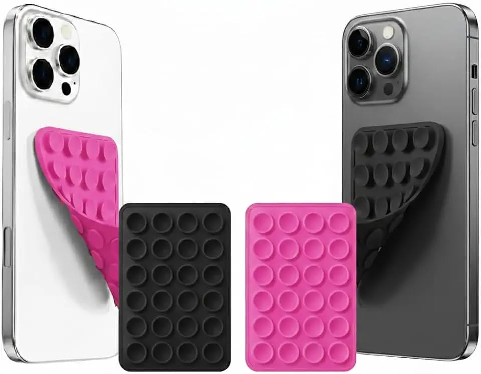 Image of GooseBox Suction Phone Case, Silicone Suction Phone Case for Hands-Free Mobile Accessory Holder Grip, Video Phone Accessory Compatible Mirror, Shower (Black & Dark Pink, Pack of 2)