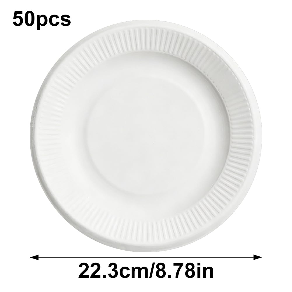 50 Pezzi Piatti di Carta USA e Getta, stoviglie di Carta Rotonde Bianche per Feste, Picnic, Barbecue, Dessert