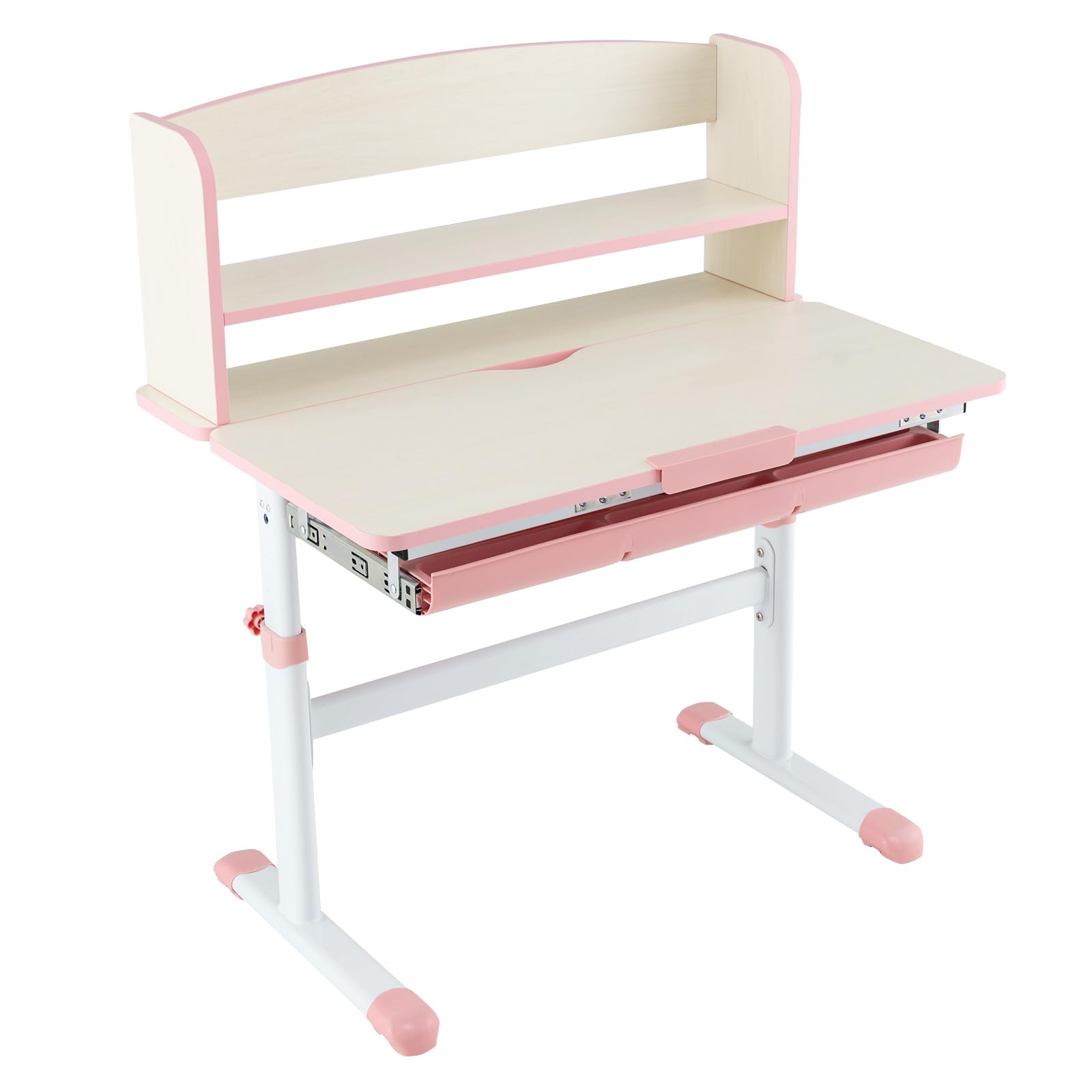 LIFEZEAL Scrivania per bambini in altezza regolabile e ripiano inclinabile, tavolo da studio con cassetto, scaffale di stoccaggio, carico 100 kg, per ragazza ragazzo 3-12 anni (rosa, 80 x 51 x 104 cm)