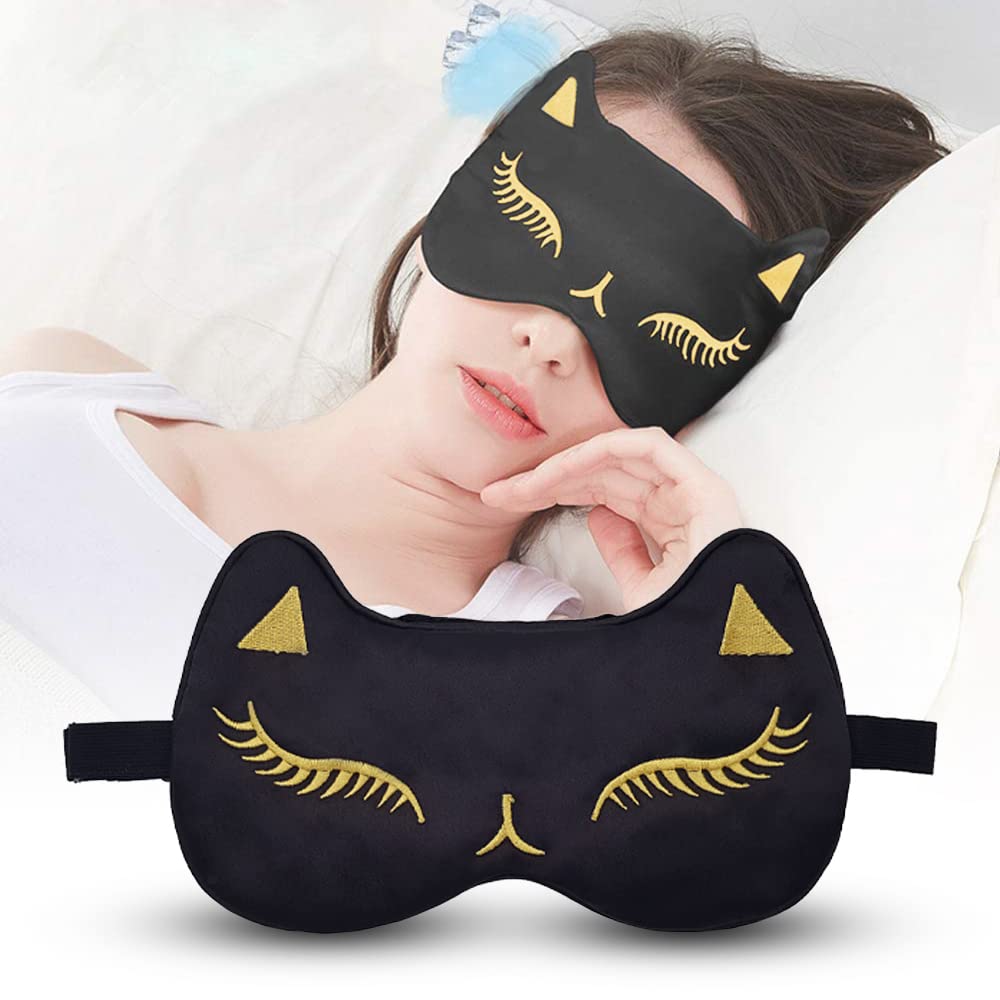 Jenna™ Natural Silk Kitty Design Sleep Mask Cover for Insomnia, Puffy Eyes and Dark Circles (DarkBlack)