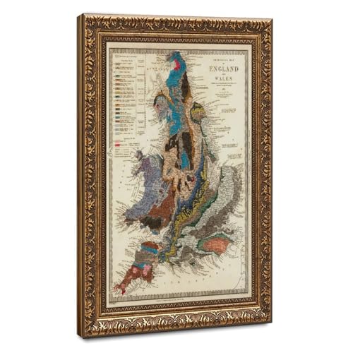 Carte géologique de l'Angleterre vintage 1843 pour décoration murale de bureau et salon