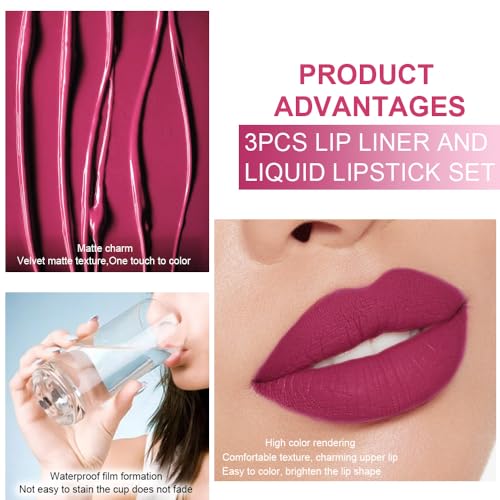Image of evpct 3Pcs Rose red plum Warm pink Deep cranberry Lip Stain Matte Lip Liner and Lipstick Set Long Lasting labiales matte mate larga duracion listip 24 hour a prueba de agua mate 24 horas originales