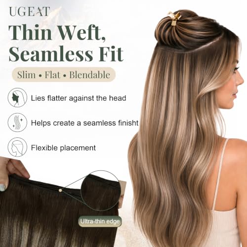 Image of Ugeat Weft Hair Extensions Human Hair, Human Hair Extensions Sew in 22 Inch 100g, Hair Weft Extensions Double Weft, Dark Brown Balayage Ash Blonde