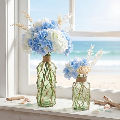 Image of Chuangdi Set of 2 Coastal Glass Flower Vase with Boho Rope, Green