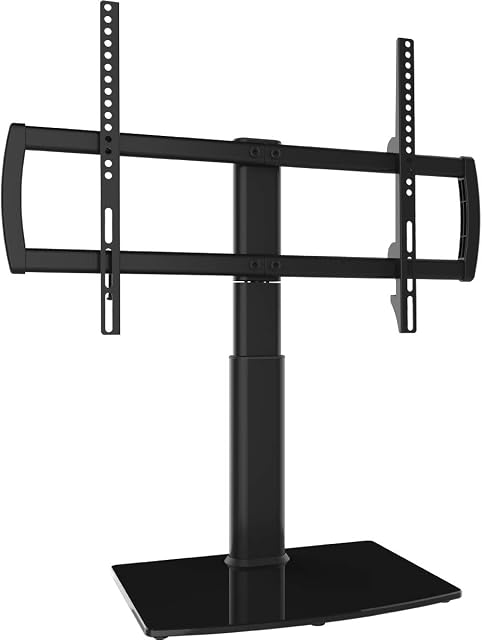 Universal Swivel TV Stand/Base Table Top TV Stand 32 to 70 inch TVs 80 Degree Swivel, 4 Level Height Adjustable, Heavy Duty Tempered Glass Base, Holds up to 40kgs Screens, HT04B-002P