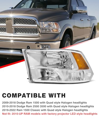 for 2010 2011 2012 2013 2014 2015 2016 2017 2018 Dodge Ram Headlight Assembly compatible with 10-18 Ram 1500/10-18 Ram 2500 3500 Chrome Housing Amber Reflector Headlamp Replacement - Image 4