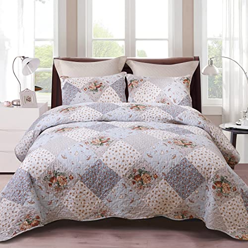 SUCHDECO Colchas Cama 135 cm de Verano Boutí Edredón Acolchado 220 x 240 cm con 2 Fundas de Almohada 50 x 70 cm Cubre Cama Sofa Floral Azul