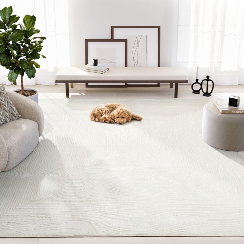 Abani Zen 5' x 8' Cream Rug – Neutral Layered Wavy Borders Pattern, Soft Area Rug for Living Room & Bedroom, Durable & Easy to Clean