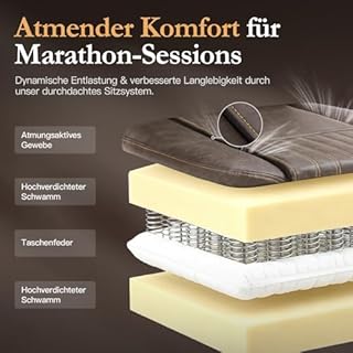 Dowinx Sedia da gioco con cuscino primaverile, da corsa, da ufficio, con massaggio, ergonomica, con poggiapiedi, in pelle PU (marrone)